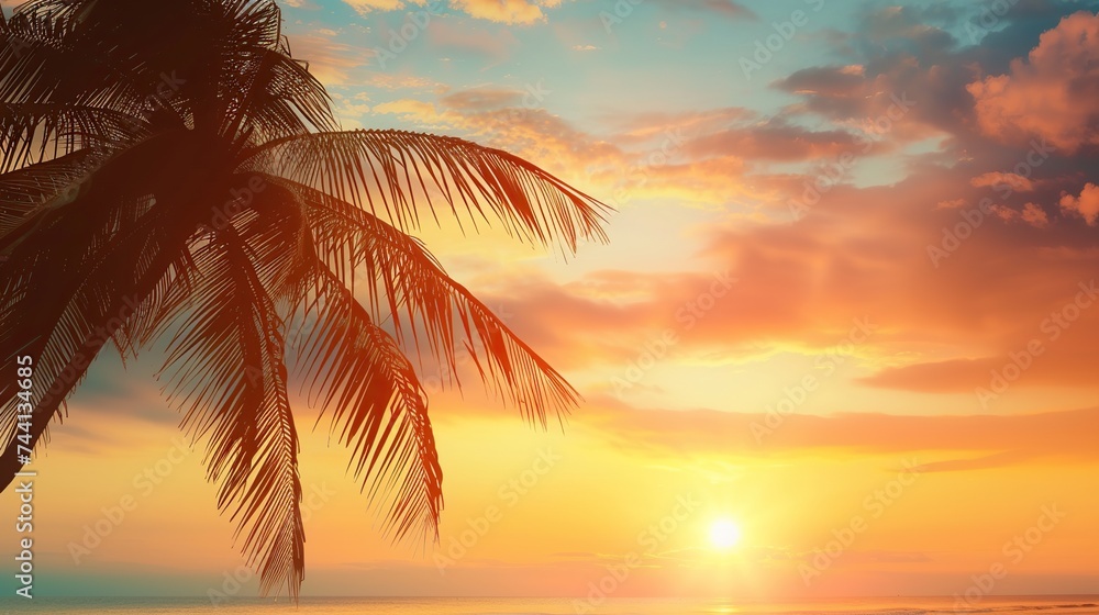 Sunset on the beach. Palm leaves. Palm trees at tropical coast, coconut tree summer vacation concept