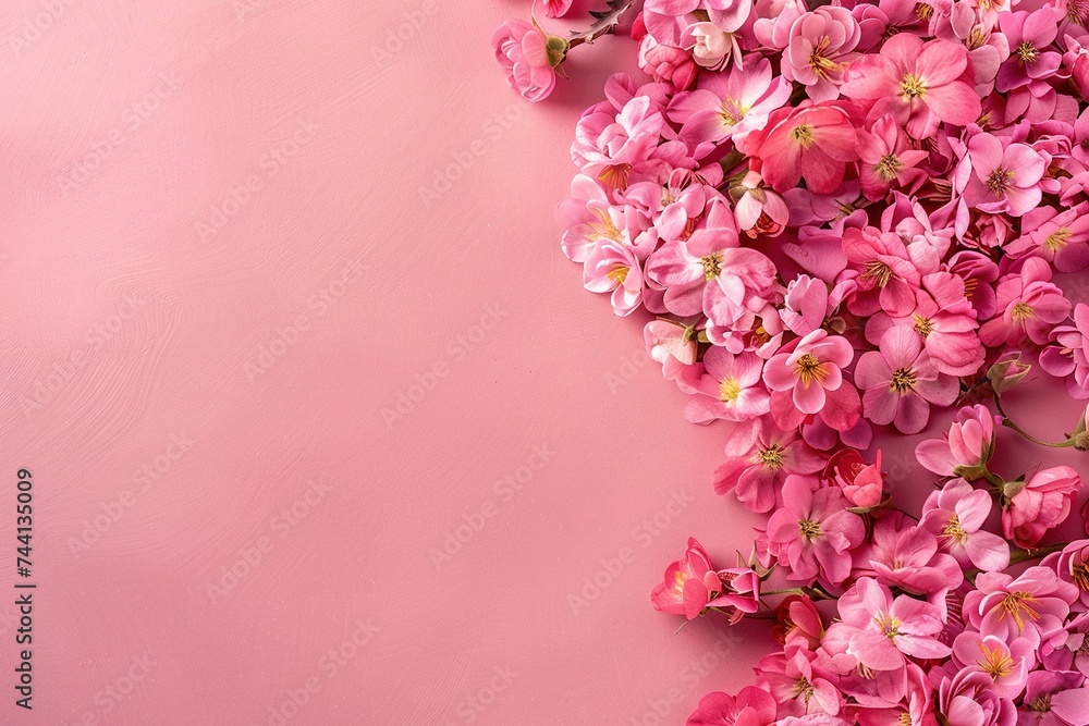 Pink background with flowers and copy space. Women's Day. It's a girl backdrop with empty space. Baby shower or birthday invitation, party. Baby girl birth announcement.