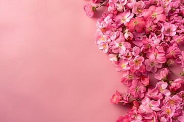 Pink background with flowers and copy space. Women's Day. It's a girl backdrop with empty space. Baby shower or birthday invitation, party. Baby girl birth announcement.