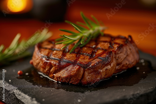 side-view of a juicy, grilled steak with grill marks, served on a slate plate, garnished with rosemary 