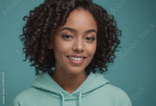 A cheerful young woman in a turquoise hoodie, her curly hair and bright smile radiating casual comfort and friendliness.