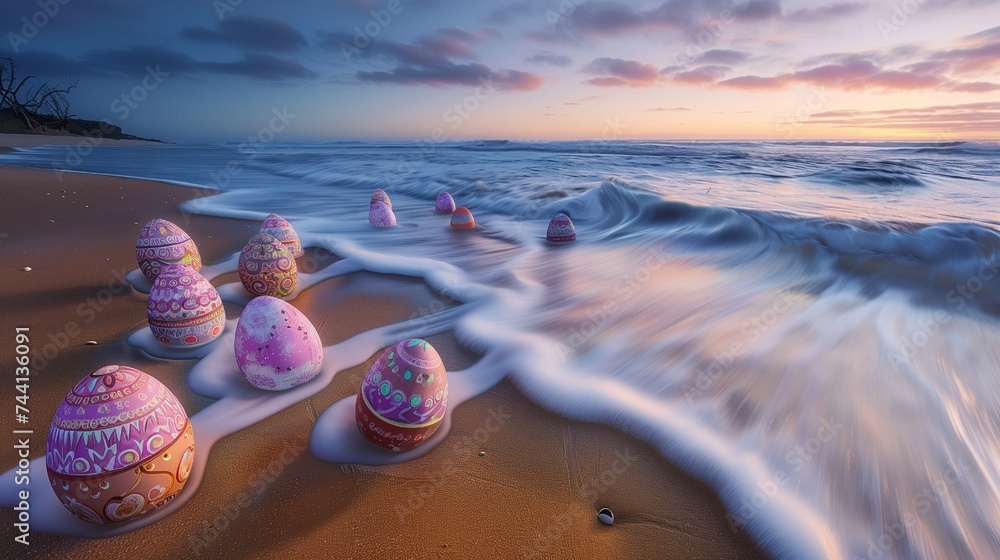 At the break of dawn, a secluded beach becomes a canvas for a splendid display. Easter eggs, each a masterpiece of design, are scattered with precision along the waterline. - obrazy, fototapety, plakaty 