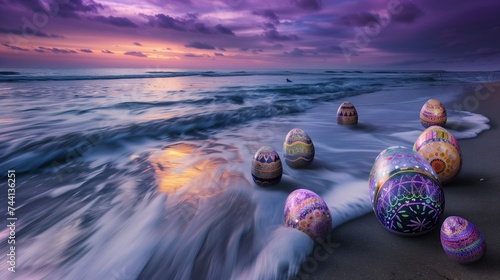 At the break of dawn, a secluded beach becomes a canvas for a splendid display. Easter eggs, each a masterpiece of design, are scattered with precision along the waterline.
