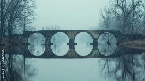 A serene winter landscape, with a towering bridge adorned with arches stretching over a tranquil river, reflecting the blue sky and surrounding trees in its glistening waters