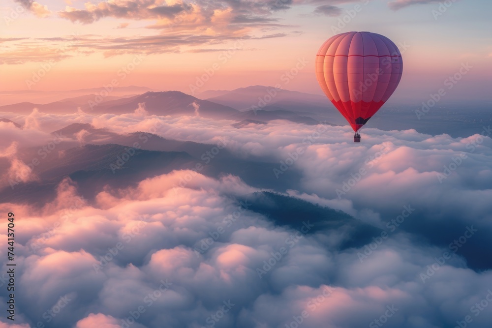 Scenic sunrise view with colorful hot air balloon over misty peaks Scenic sunrise view with colorful hot air balloon over misty peaks