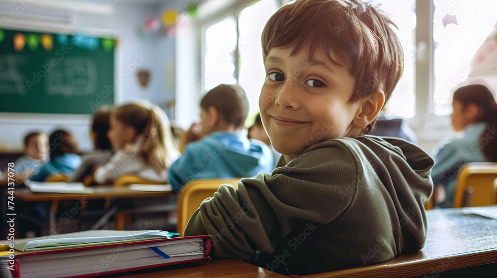 Portrait of a child student in his classroom smiling sitting at a desk ...