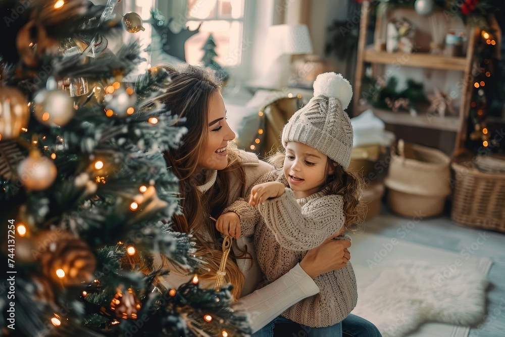 A mother and daughter bask in the warmth of the colorado spruce, adorned with festive decorations, on a magical christmas eve A mother and daughter bask in the warmth of the colorado spruce, adorned with festive decorations, on a magical christmas eve