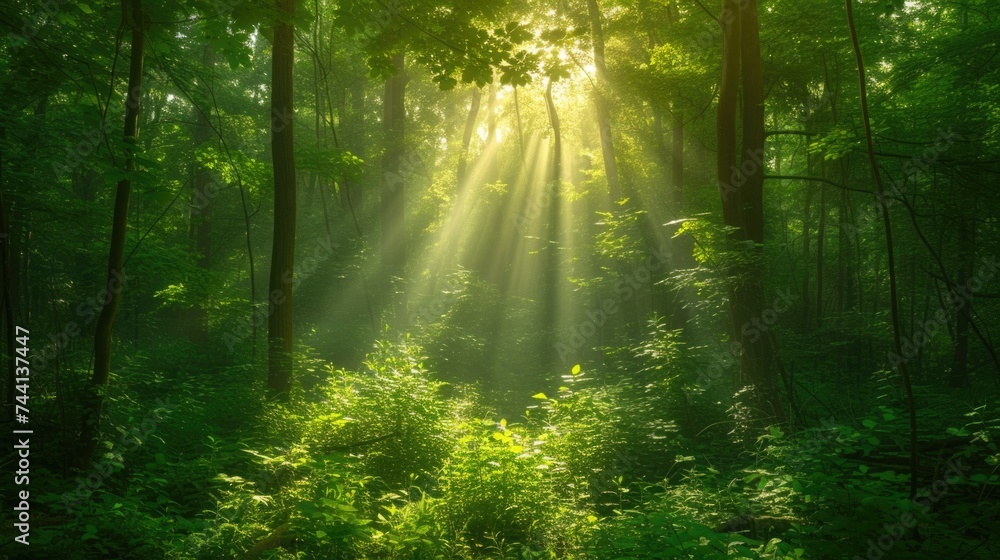 Sunlight streaming through green forest at dawn