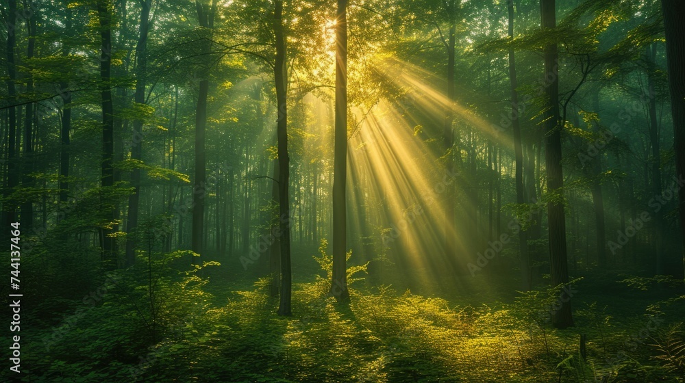 Magical morning light in a dense green forest