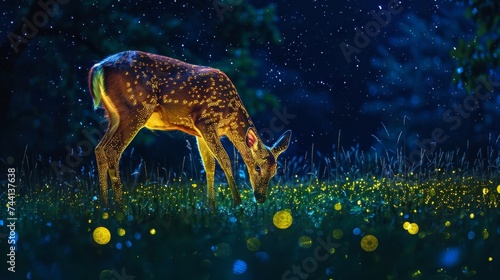 A majestic deer with glowing spots  illuminated by the moonlight in the tranquil night  stands proudly in its natural habitat  embodying the beauty and wonder of the wild