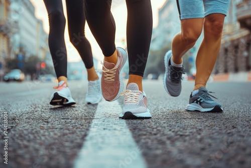A diverse group of individuals, each donning unique street fashion and sporting a variety of sneakers, sprint down the sidewalk, their feet pounding against the ground with determination and a sense 