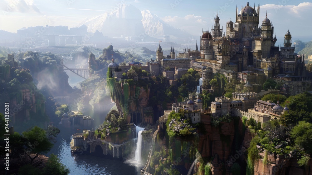 A majestic castle perched atop a rocky cliff, overlooking the breathtaking wulingyuan scenery as a bridge connects it to the ethereal beauty of nature and the vast open sky