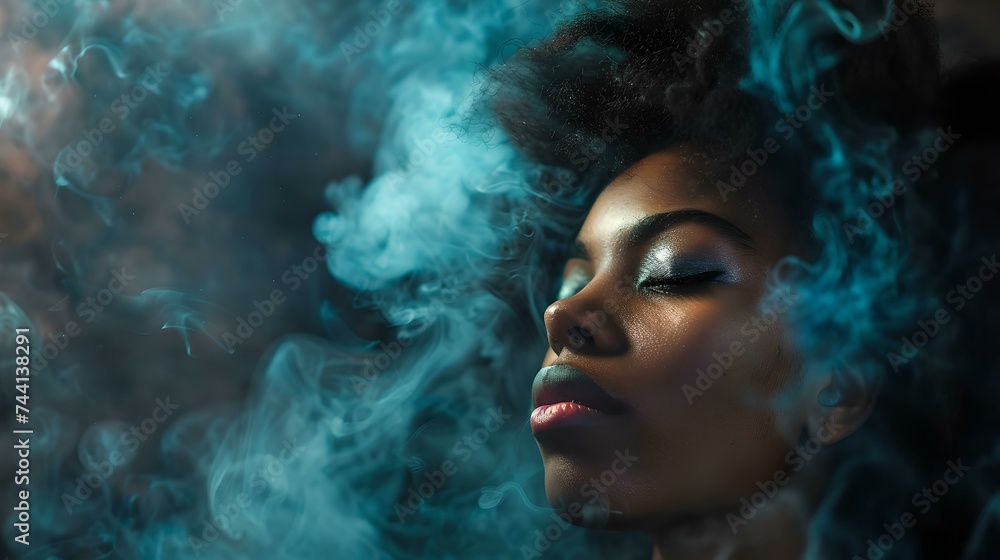 Mysterious woman enveloped in blue smoke, artistic portrait with ethereal vibes. creative expression in photography. AI