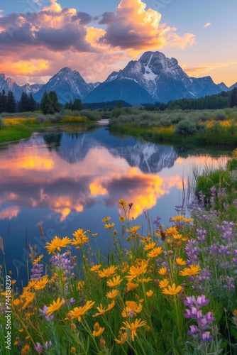 Majesty of sunset with blooming wildflowers near a mountain lake
