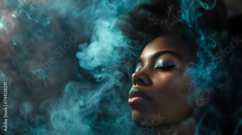 Mysterious woman enveloped in blue smoke, artistic portrait with ethereal vibes. creative expression in photography. AI