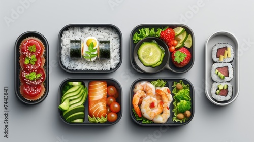 a lunch kit packed with essential items for lunch,the variety of food items neatly organized within the lunch kit, ready to be enjoyed. photo