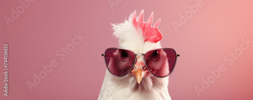 Chicken hen in funnz sunglasses on color background. copy space for text. photo