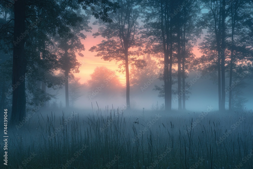 Sunrise in a fog-shrouded forest Sunrise in a fog-shrouded forest