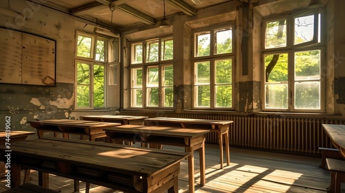 Sunlit vintage classroom with wooden desks and green chalkboard. empty school room in old-fashioned style. nostalgic educational setting. AI photo