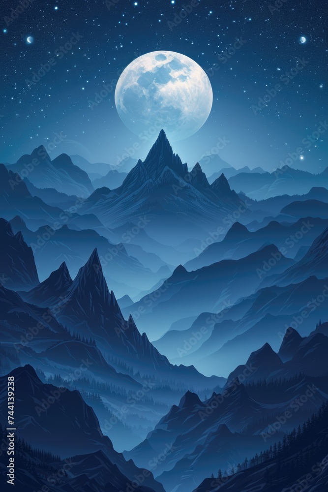 Starry night sky over mountain range with bright moon Starry night sky over mountain range with bright moon