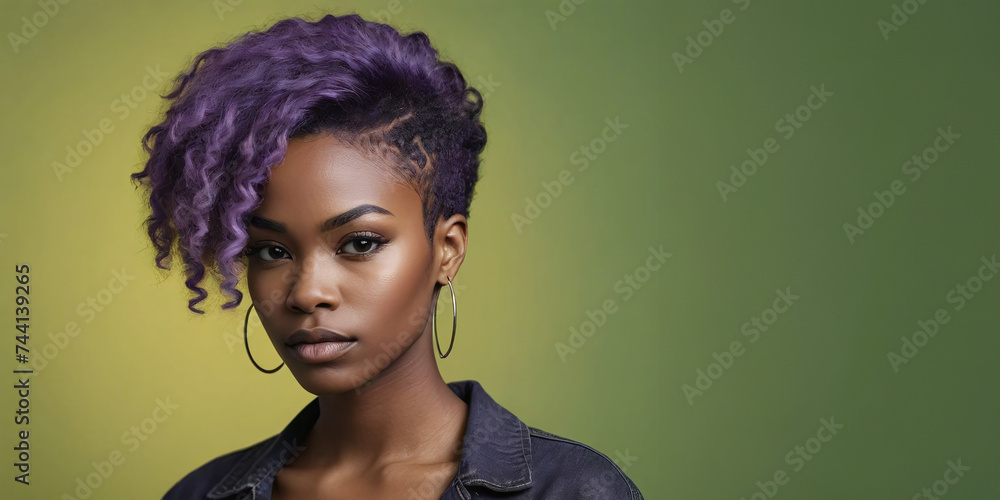 Photo Of A Brooding African American Woman Model With A Purple Hair Isolated On A Flat Blurred Greenyellow Background With Copy Space, Banner Template. Photo Of A Brooding African American Woman Model With A Purple Hair Isolated On A Flat Blurred Greenyellow Background With Copy Space, Banner Template.