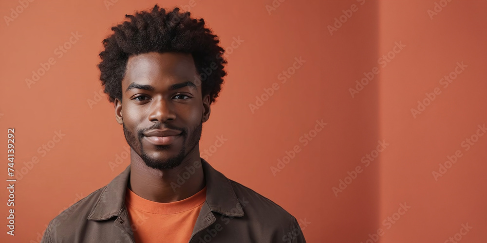 Obraz premium Photo Of A Carefree African American Male Model With A Brown Hair Isolated On A Flat Blurred Orangered Background With Copy Space, Banner Template.