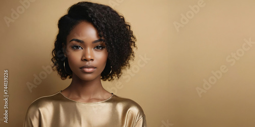 Photo Of A Impatient African American Woman Model With A Black Hair Isolated On A Flat Blurred Gold Background With Copy Space, Banner Template.