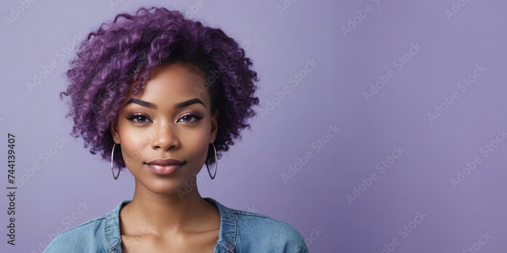 Photo Of A Smug African American Woman Model With A Purple Hair Isolated On A Flat Blurred Aliceblue Background With Copy Space, Banner Template. Photo Of A Smug African American Woman Model With A Purple Hair Isolated On A Flat Blurred Aliceblue Background With Copy Space, Banner Template.