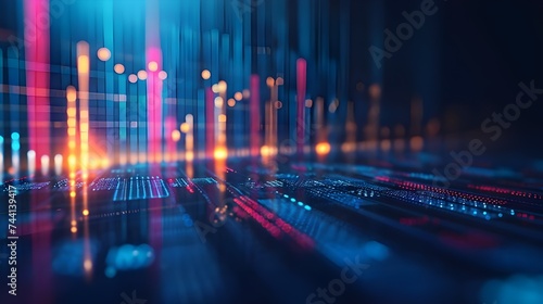 Perspective view of stock market growth, business investing and data concept with digital financial chart graphs, diagrams and indicators on dark blue blurry background photo
