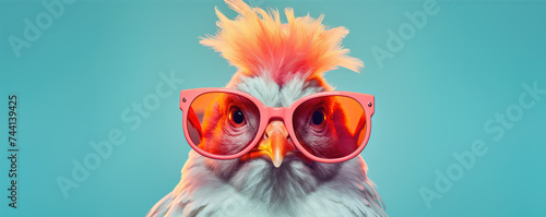Chicken hen in funnz sunglasses on color background. copy space for text.