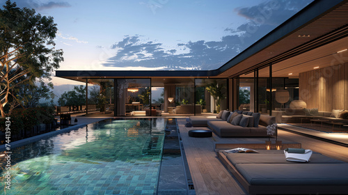 Luxurious interior and exterior design of a pool villa with a living room under the night sky © yganko