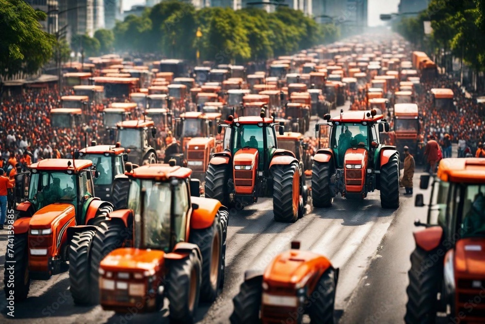 Many tractors blocked city streets and caused traffic jams in city. Agricultural workers protesting against tax increases, background is blurr. 