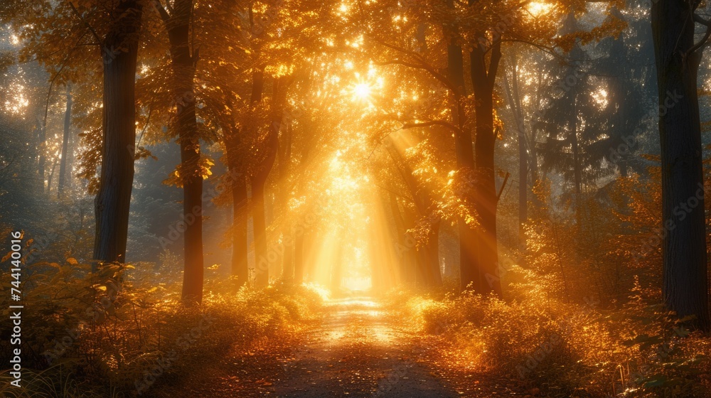 Naklejka premium Sunny path: a magical journey through the autumn forest