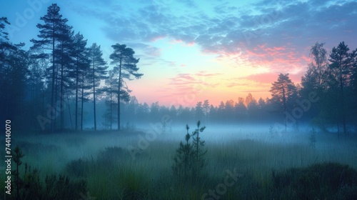 Misty dawn in a lush forest