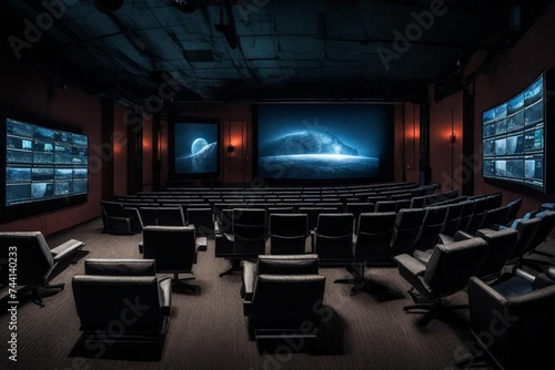 The high-tech screening room, now uninhabited, awaited the return of interactive displays and engaged viewers. 