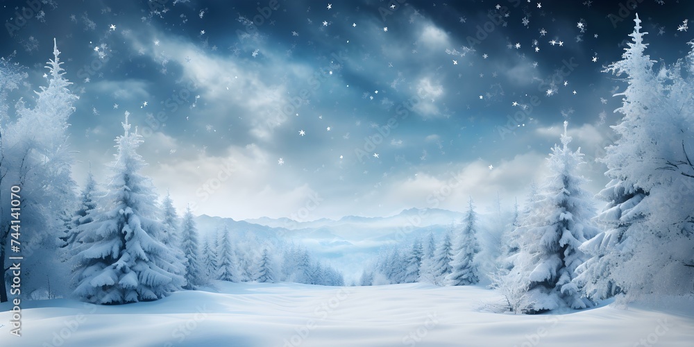 Glistening snowy landscape with enchanting winter vibes and lush fir trees. Concept Winter Wonderland, Snowy Landscape, Enchanting Vibes, Fir Trees, Glistening Snow
