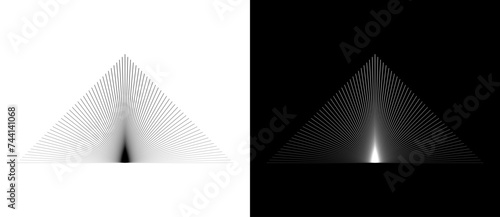 Geometric triangle shape with lines as modern design element, logo or icon. Black shape on a white background and the same white shape on the black side.