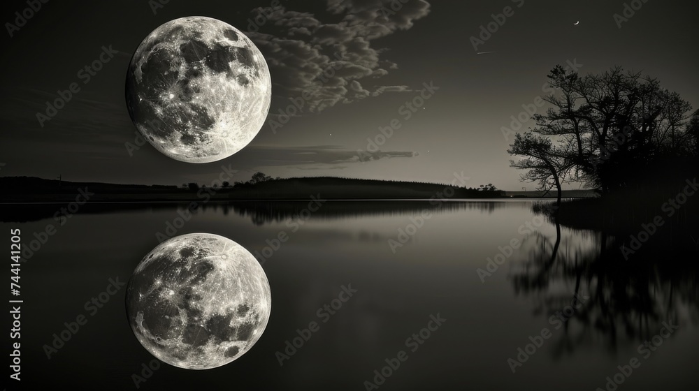 Amidst a tranquil landscape, a full moon's celestial sphere reflects upon the peaceful waters, illuminating the night sky and the surrounding nature with its ethereal moonlight Amidst a tranquil landscape, a full moon's celestial sphere reflects upon the peaceful waters, illuminating the night sky and the surrounding nature with its ethereal moonlight