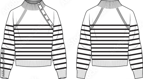 Women's Button Detail Striped Jumper. Technical fashion illustration. Front and back, white colour. Women's CAD mock-up.