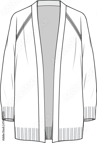 Women's Raglan Sleeve, Pocket Detail Cardigan. Technical fashion illustration. Front and back, white colour. Women's CAD mock-up.
