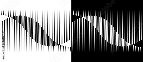 Abstract art geometric background with vertical lines. Optical illusion with waves.  Design element or icon. Black shape on a white background and the same white shape on the black side.