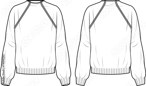 Women's High Neck Jumper. Technical fashion illustration. Front and back, white colour. Women's CAD mock-up.