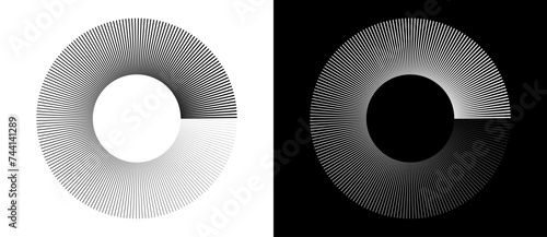Radial lines of different thickness, as a logo or abstract background. A rotating circle like a loading sign. Black circle on a white background and the same white circle on the black side.