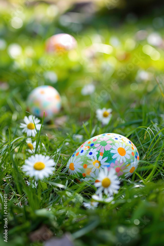 Easter eggs and daisies scattered in the grass
