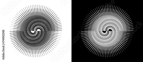 Spiral with lines as dynamic abstract vector background or logo or icon. Yin and Yang symbol. Design element or icon. Black shape on a white background and the same white shape on the black side.