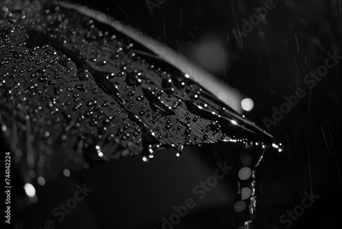 Raindrops falling from a black umbrella against a blurred background.