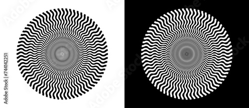 Psychedelic circle with waving lines as logo or tattoo. Design element or icon. Black shape on a white background and the same white shape on the black side.