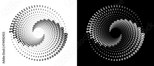 Numbers one and zero in a spiral. Big data concept, logo or icon. Black shape on a white background and the same white shape on the black side.