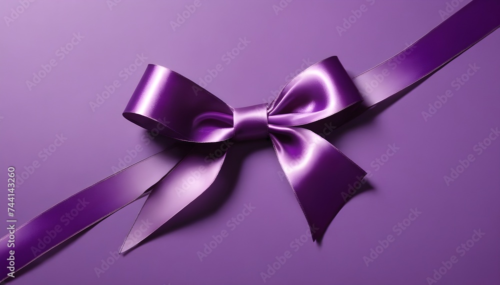 Purple silk ribbon and bow on violet background, diagonal, free space Purple silk ribbon and bow on violet background, diagonal, free space