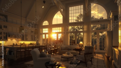 In the quiet of the evening, the last rays of the setting sun pierce through the windows of a beautifully appointed living room and kitchen. Vaulted ceilings tower above, new traditional style home.